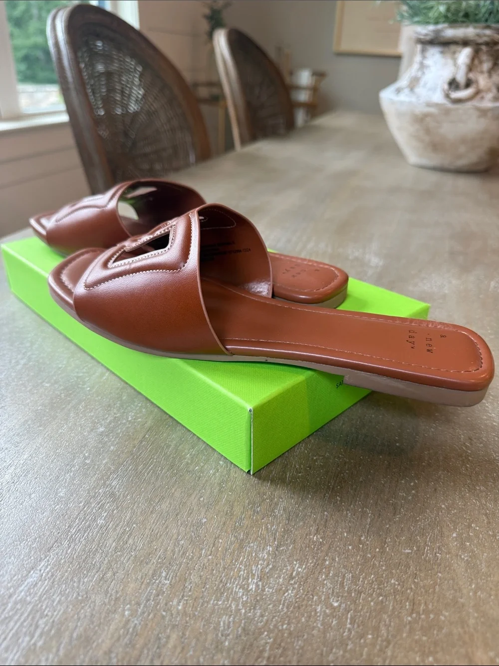 A New Day Cognac Slide Sandals with Decorative Cutout Strap